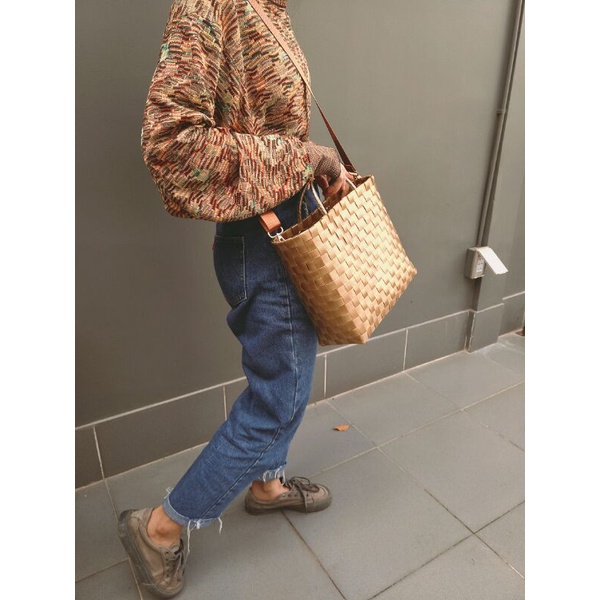 Túi xách tay nữ kèm dây đeo chéo Vintage màu vàng đồng