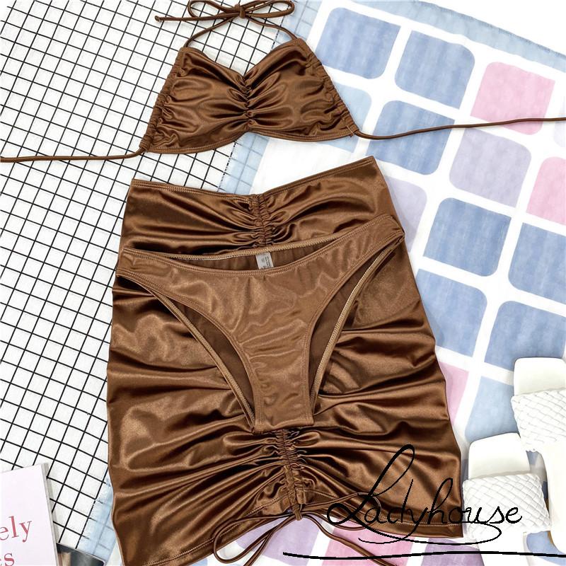 Bộ Đồ Bơi Bikini Áo Hai Dây + Chân Váy Rút Dây Màu Sắc Trơn Dành Cho Nữ