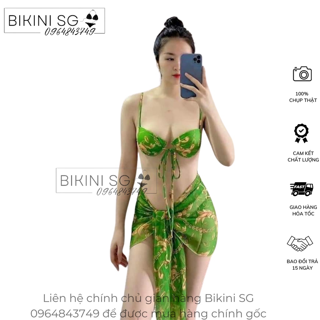Đồ bơi bikini sét 3 món kèm khăn hoa nhí nhiều màu áo mút gọng độn nâng ngực quần tam giác sexy đi biển