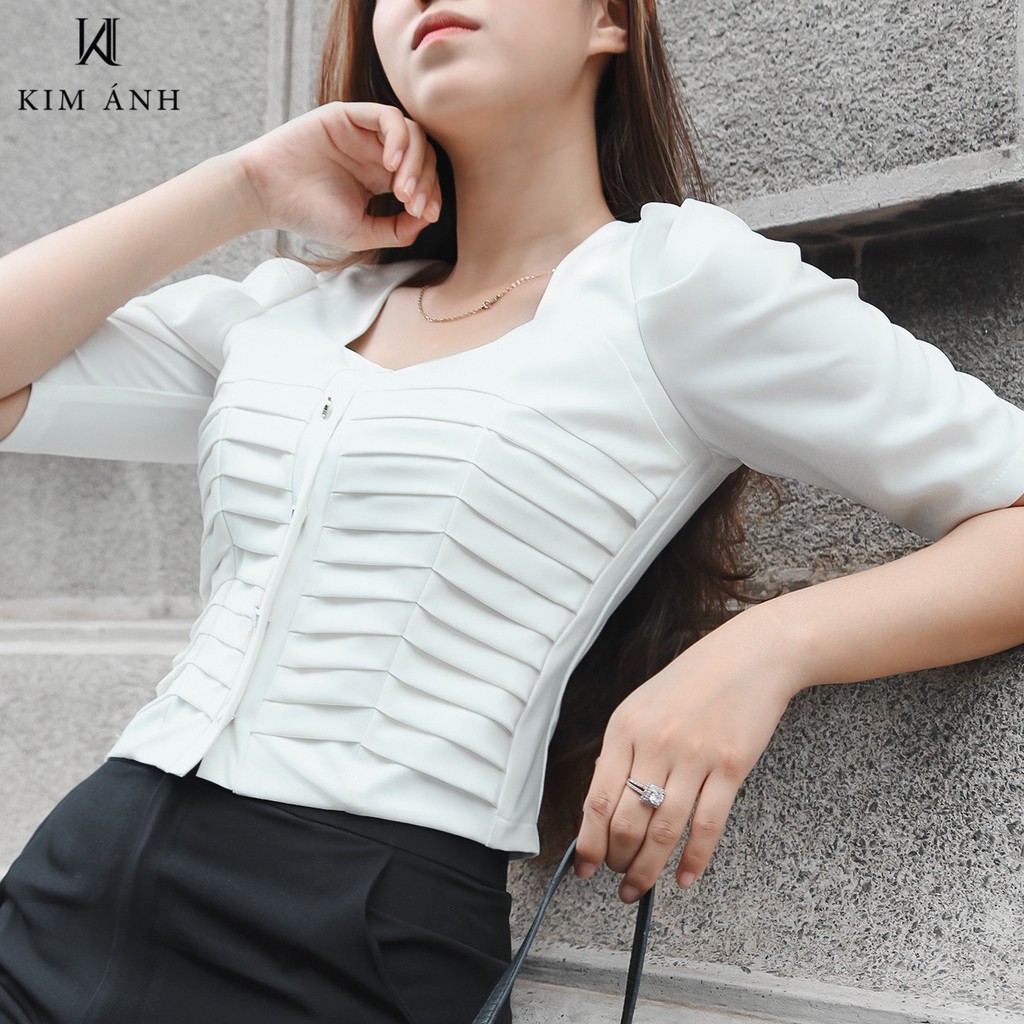 Áo sơ mi kiểu tay phồng nhúng M-neck -KIM ÁNH,AKSX21002