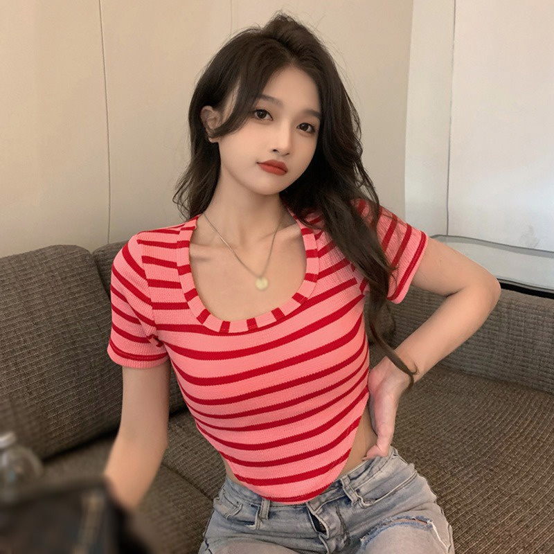 Áo Croptop Dệt Kim Cổ Tròn Hoạ Tiết Kẻ Sọc Cho Phái Nữ