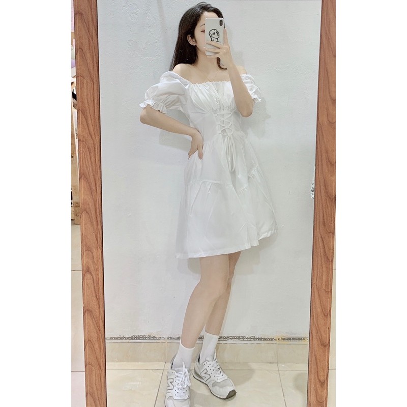 váy trắng dây siết eo