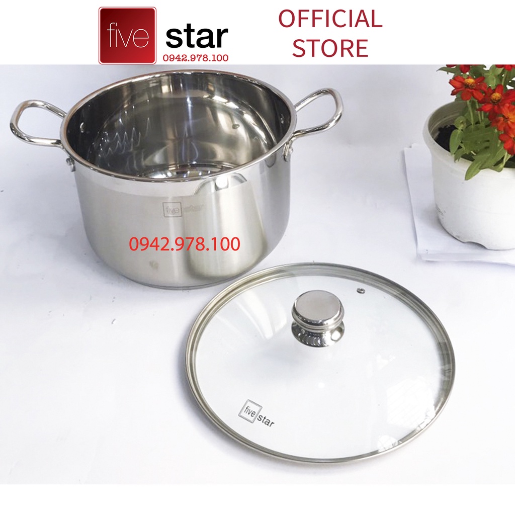 Nồi luộc gà FiveStar inox 430 nắp kính, tặng 2 muỗng canh (26cm / 28cm / 30cm / 32cm), 3 đáy dùng bếp từ, hồng ngoại,gas