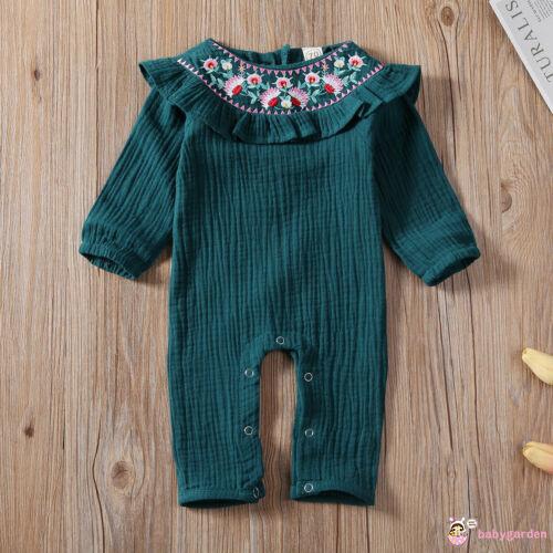 ღ♛ღBaby Girls Romper Vintage Flower Long Sleeve Embroidery Ruffle Romper Jumpsuit Outfit