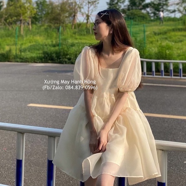 Váy babydoll voan tơ bồng 2 lớp hàng Quảng Châu, đầm cổ vuông tay bồng kèm ảnh thật