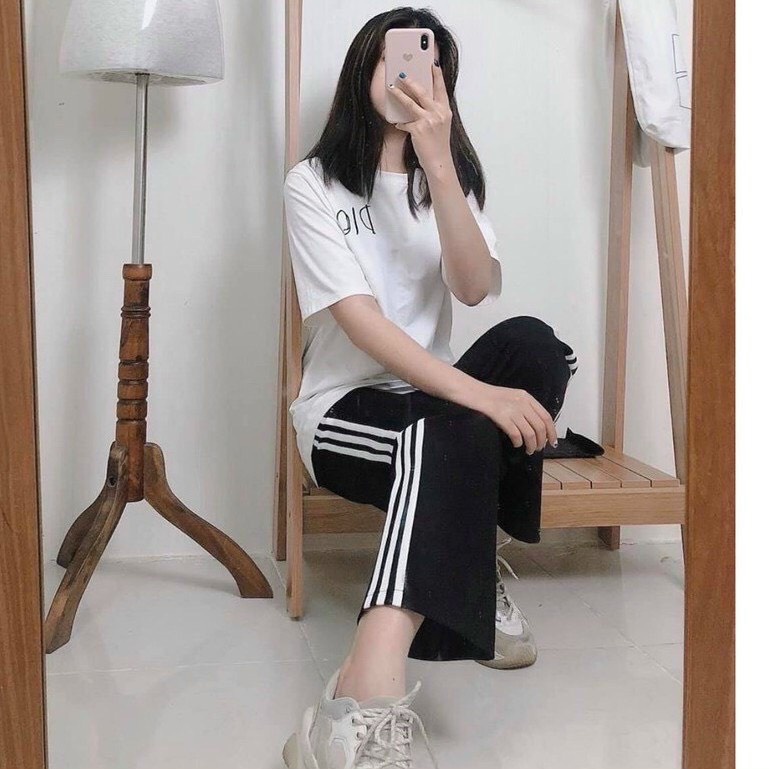 Quần thể thao ống rộng 3 sọc suông nữ vải Umi dày có túi viền kẻ trắng, đi học thể dục cá tính-XMPĐ-Mã 300