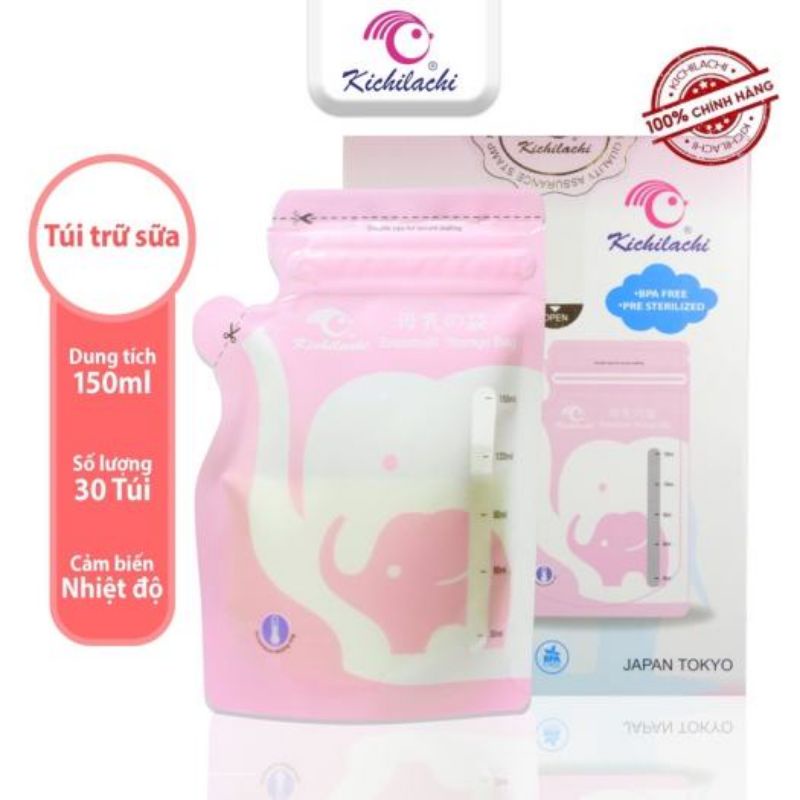 Hộp 30 Túi Trữ Sữa Cảm Biến Nhiệt Kichilachi 150ml / Có Vòi Rót Tiện Dụng