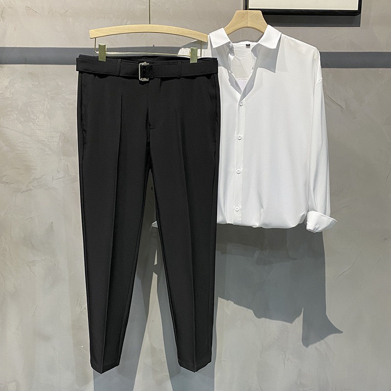 quần âu nam Kèm Dây Lưng Vải, màu đen ghi đậm ,ghi xám đẹp kiểu công sở hàn quốc cao cấp ống đứng côn suông rộng co giãn