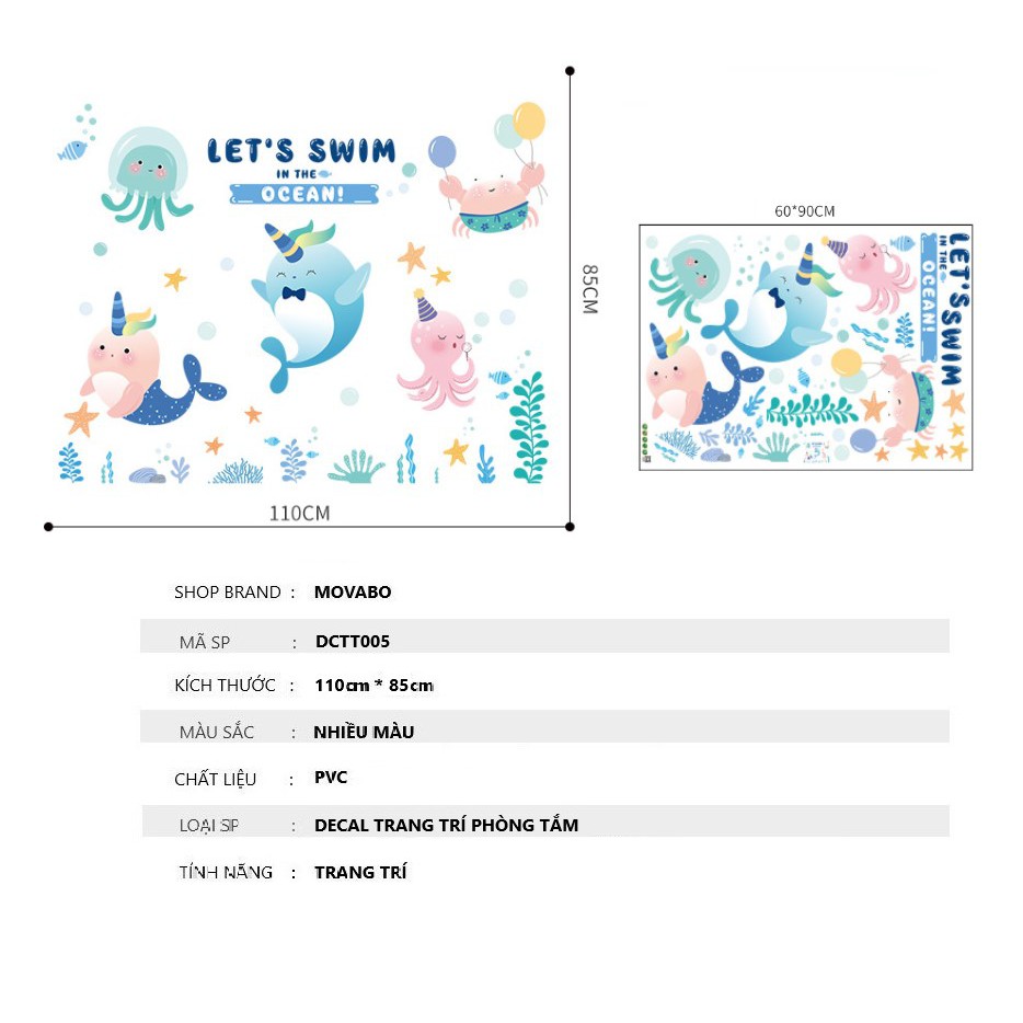 Decal trang trí phòng tắm cho bé LET'S SWIM kích thước 110x85cm