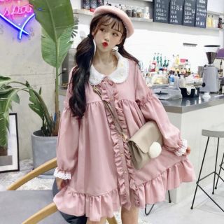Đầm babydoll hồng viền ren phong cách Lolita Nhật Bản dễ thương ngọt ngào mùa thu đông