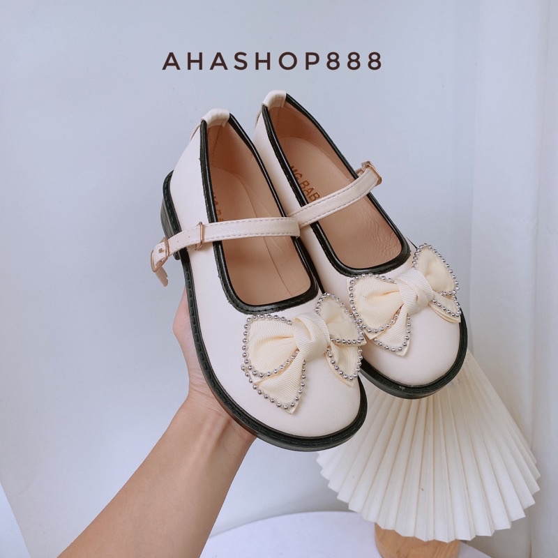 (Sz 26-35) Giày Búp Bê Mary Jane Viền Trắng Đen Phối Nơ Ngọc Cho Bé Gái 7-14 Tuổi K175