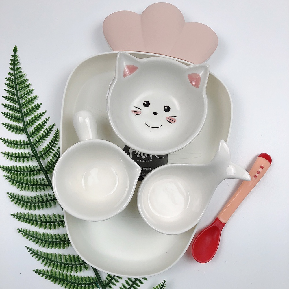 Bộ bát ăn dặm cho bé kiểu nhật chất liệu gốm sứ tráng men cao cấp gồm khay bát và thìa, đồ dùng ăn dặm cho bé kiểu nhật