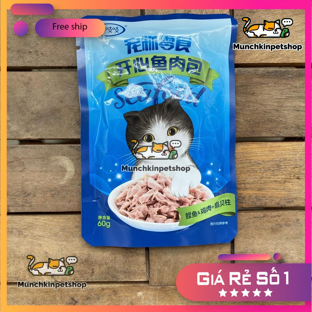 Pate cho mèo Happy Akachan Cá Ngừ,Gà,Sò,Mực Ống Nhuyễn Mịn Gói 60gr