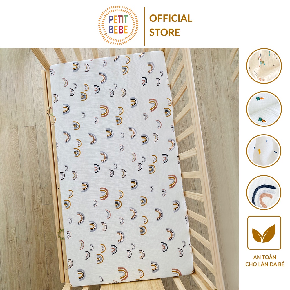 Ga bọc đệm cũi đa năng bo chun cho bé PETIT BEBE muslin 62x114cm họa tiết thiên nhiên