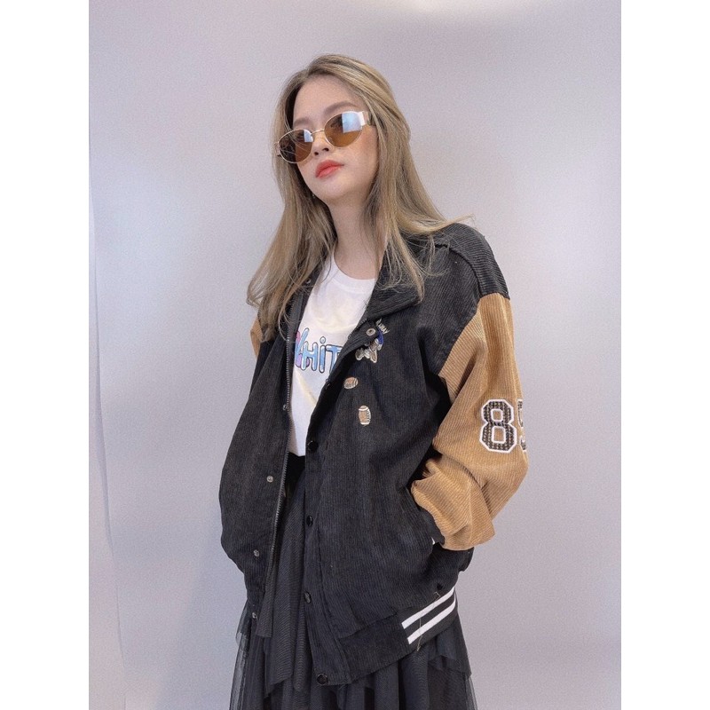 Áo khoác kaki nhung gân thêu gấu unisex ulzzang nam nữ