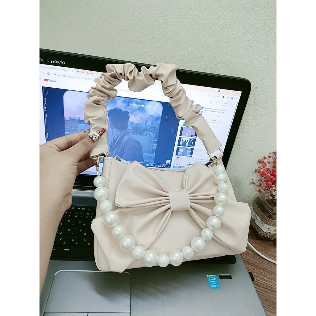 TÚI NỮ KẸP NÁCH QUAI RÚM HÌNH NƠ KÈM HẠT NGỌC SIÊU XINH, ĐEO VAI, NƠ TO DA MỀM MỊN TIỂU THƯ XINH ĐẸP