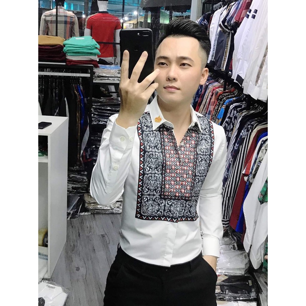 Áo Sơ Mi Nam Dài Tay Vải Lụa Cao Cấp, Áo Sơ Mi Trắng Đen Hoa Tiết Hoa Văn, Siêu Đẹp, Siêu Ngầu, Dáng Ôm Form Body