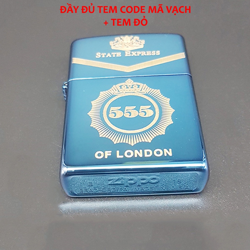 Bật zippo xanh, hộp quẹt Sapphire khắc 555 vỏ dày hàng chuẩn Mỹ- KenZ