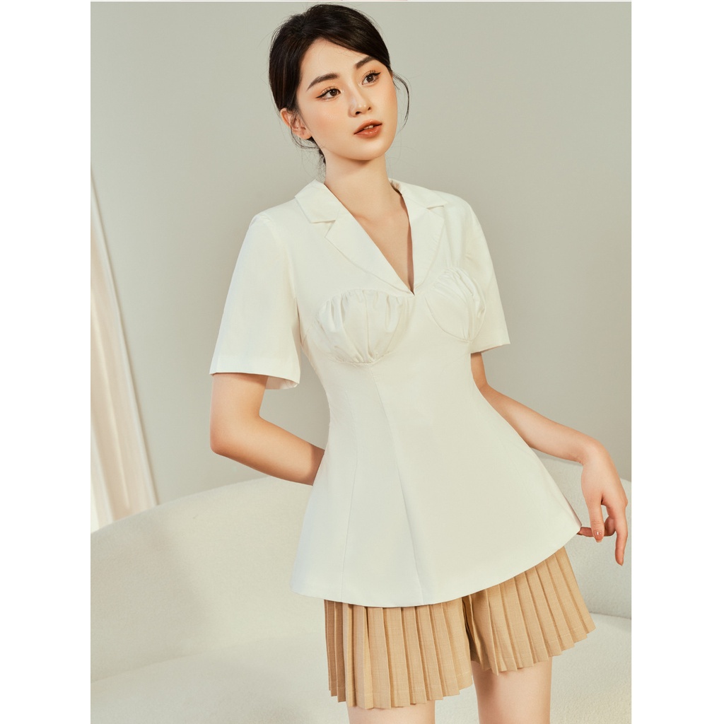 Áo sơ mi tay ngắn chiết eo xếp ngực , Peace House Clothing