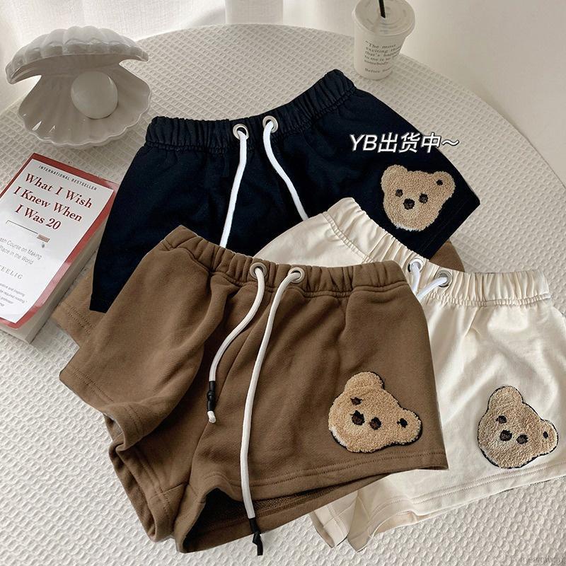 Quần short thể thao lưng cao dáng ôm vải cotton phối dây rút họa tiết gấu hoạt hình kiểu Hàn Quốc dễ thương cho nữ