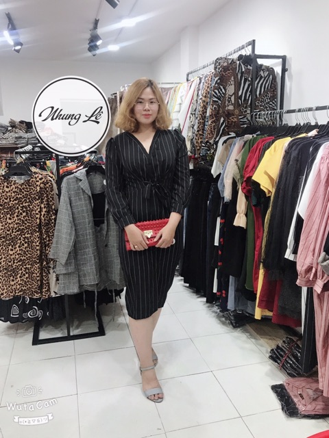 Đầm sơ mi sọc bigsize cột nơ eo trắng - đen - hồng | BigBuy360 - bigbuy360.vn