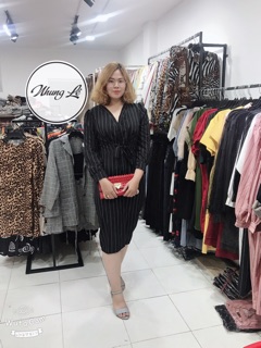 Đầm sơ mi sọc bigsize cột nơ eo trắng - đen - hồng