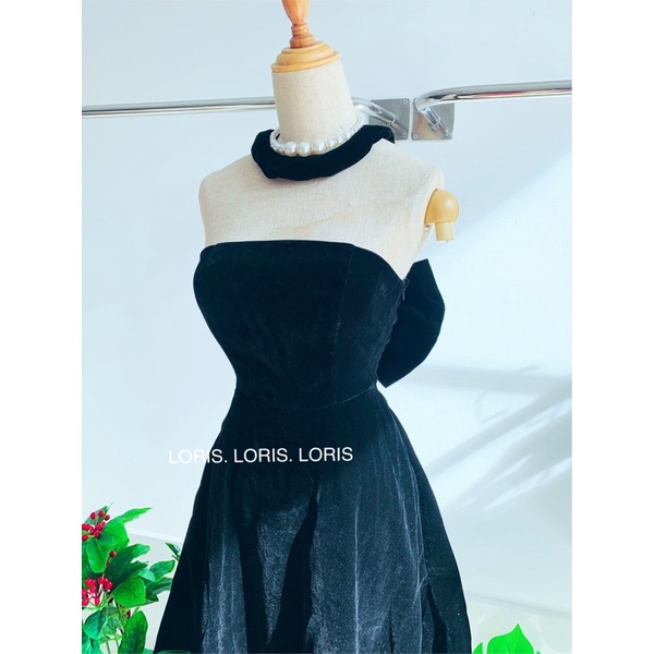 Đầm dự tiệc vải nhung màu đen nơ sau lưng quý phái
