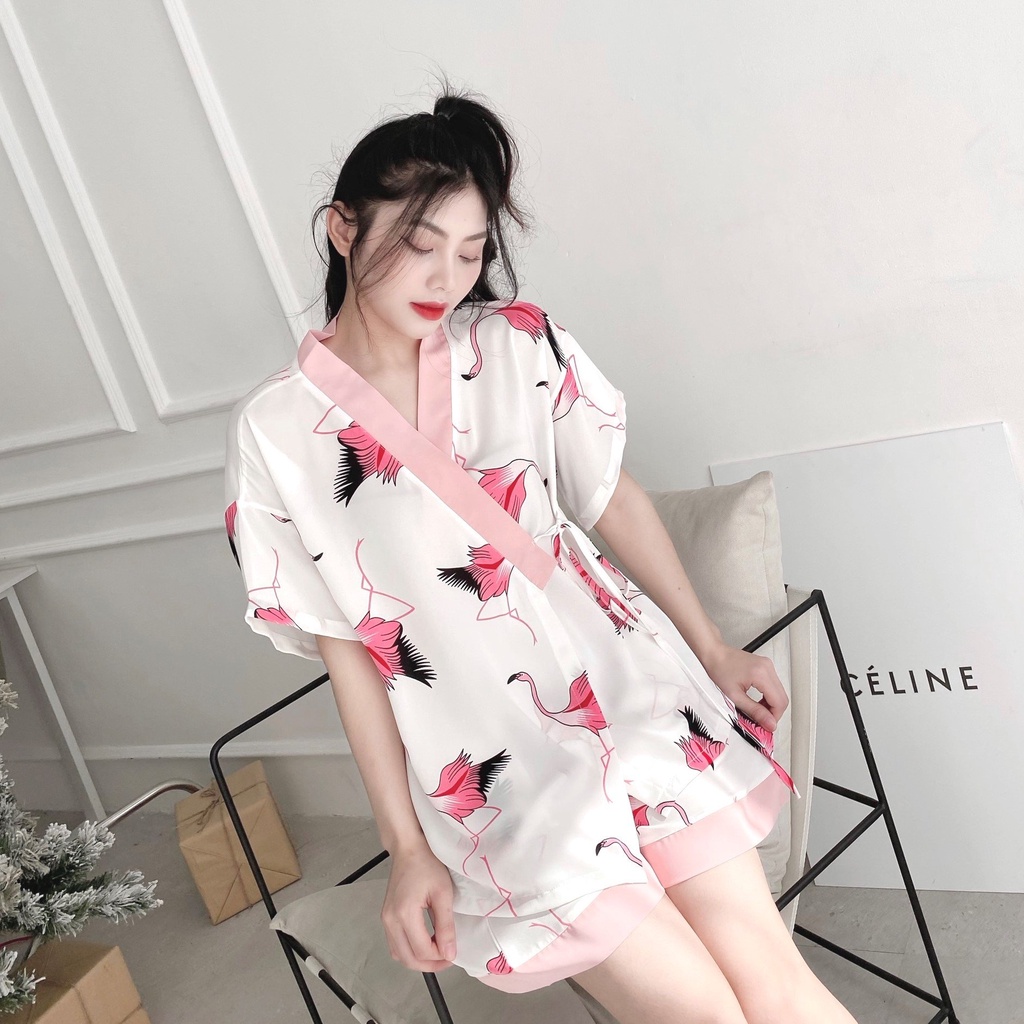 Bộ Kimono Nữ Họa Tiết Cộc Tay 🦋 Set Ngủ Nữ Ngắn Tay Dây Buộc Eo 4 Màu 🦋