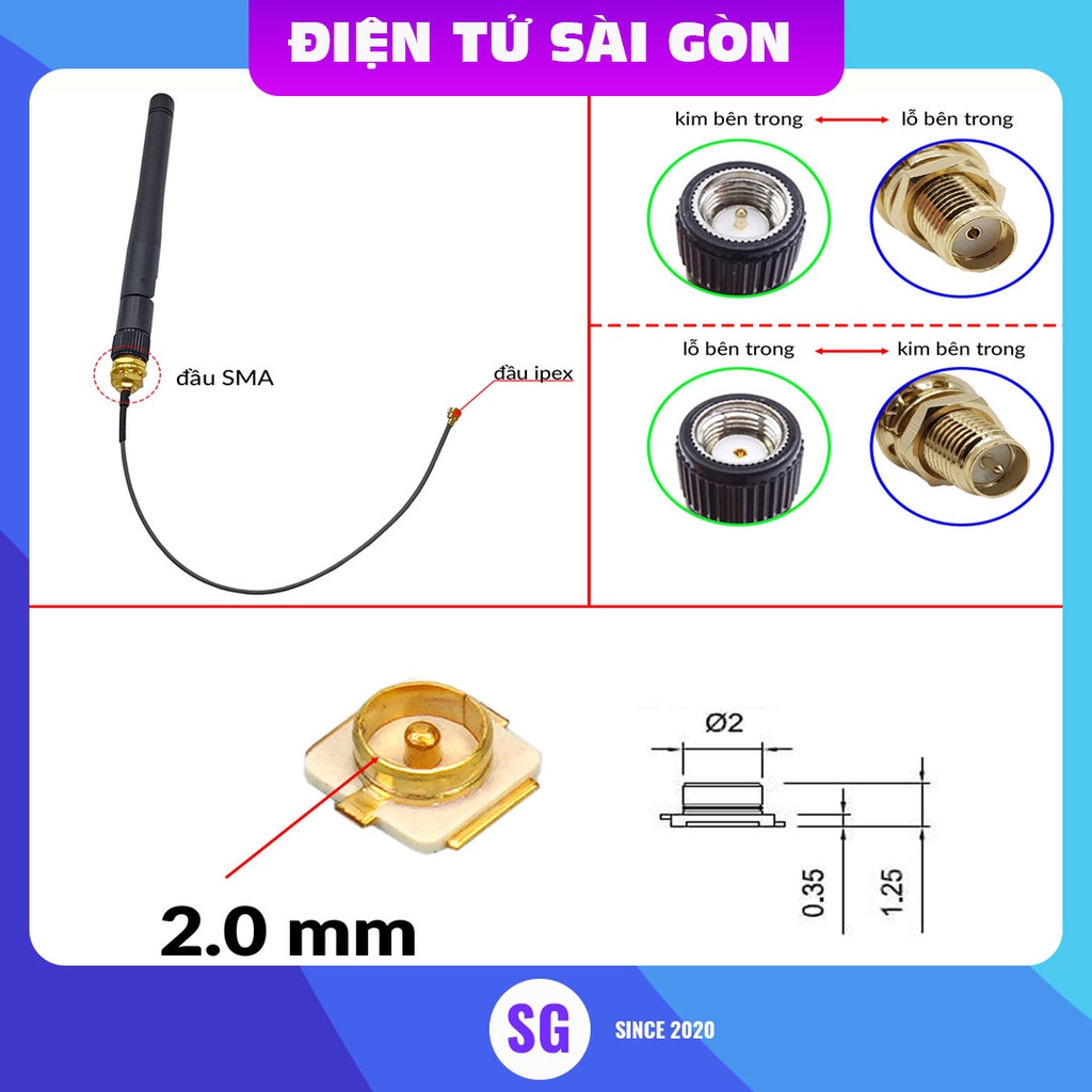 Dây chuyển đổi IPEX U.FL sang SMA 4 chân 10cm, cable anten IPX Bluetooth | WiFi | GSM | 4G | 2.4G