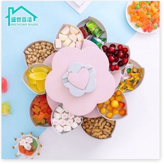 B11 Hộp mứt thông minh, Khay đựng bánh kẹo mứt tết 2 tầng 5 cánh hoa xoay có khay để điện thoại
