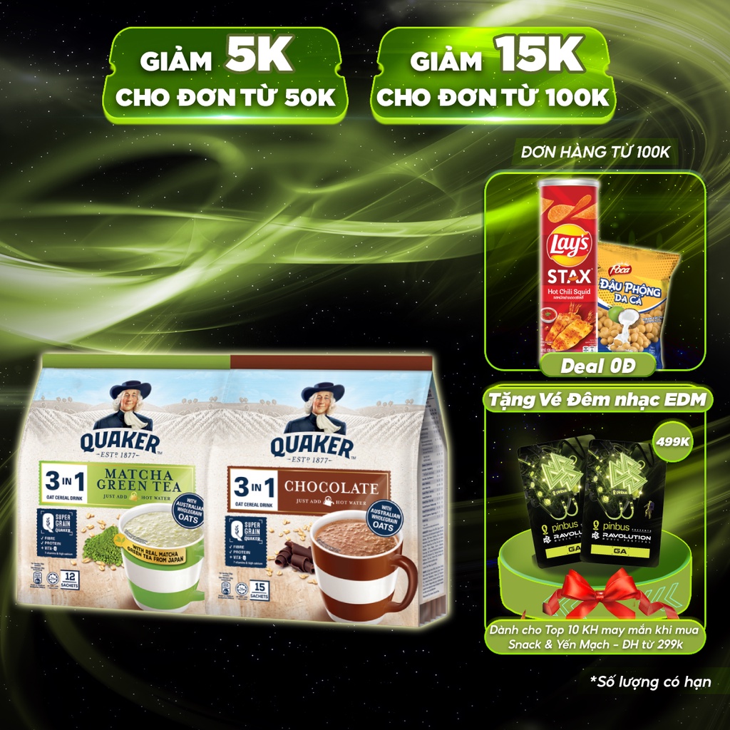 [Mã GRO1APR giảm 20K đơn 150K] Combo 2 Túi Thức Uống Yến Mạch Quaker 3in1 Vị Matcha 336g &amp; Chocolate 420g