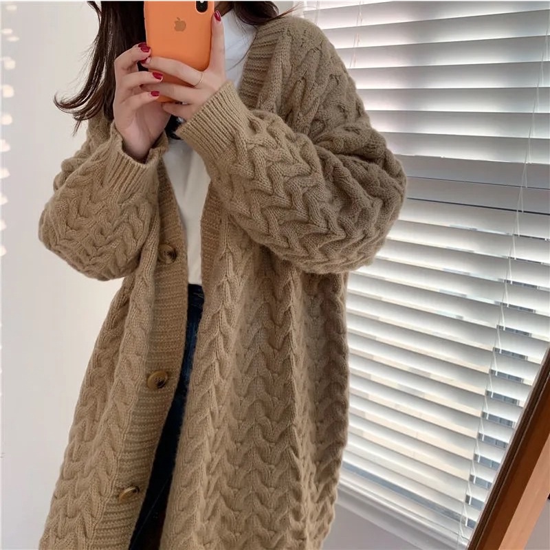 Áo Cardigan Len Nữ Dáng Dài Màu Be Nâu Đen Phom Rộng, Áo Khoác Thu Đông Dài Tay Chất Len Thừng Loại 1 Cao Cấp