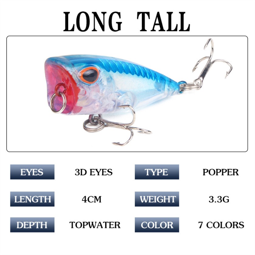 Mồi Câu Cá Phát Quang Mồi Giả Câu Cá Popper Bằng Nhựa Cứng 4cm / 3.3g Thiết Kế Ba Móc