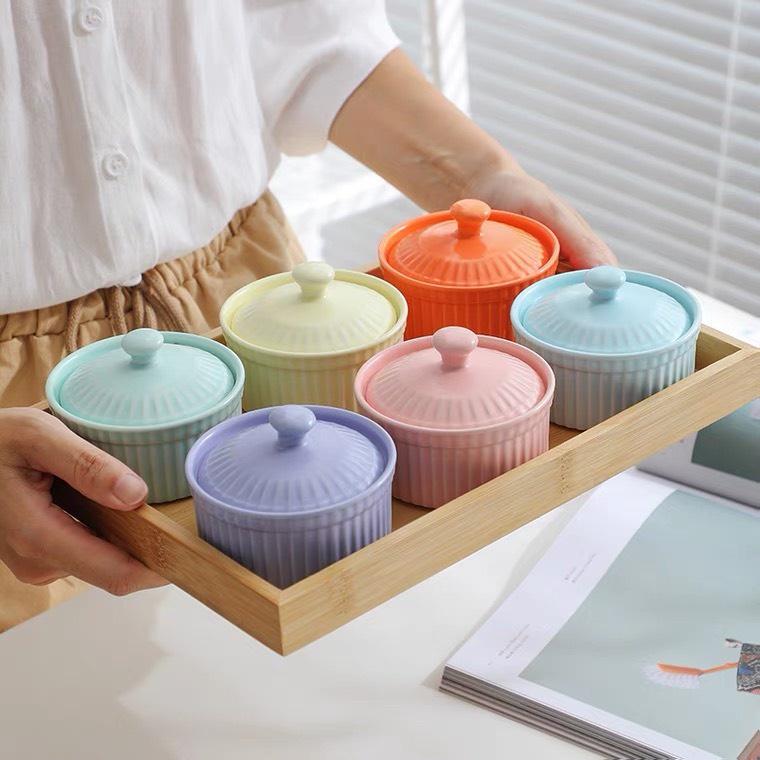 (SALE XẢ KHO) Hũ sữa chua, ramenkin có nắp đậy, bát ăn dặm - Bát màu pastel - Sứ nhẹ men mờ hàng cao cấp xuất âu