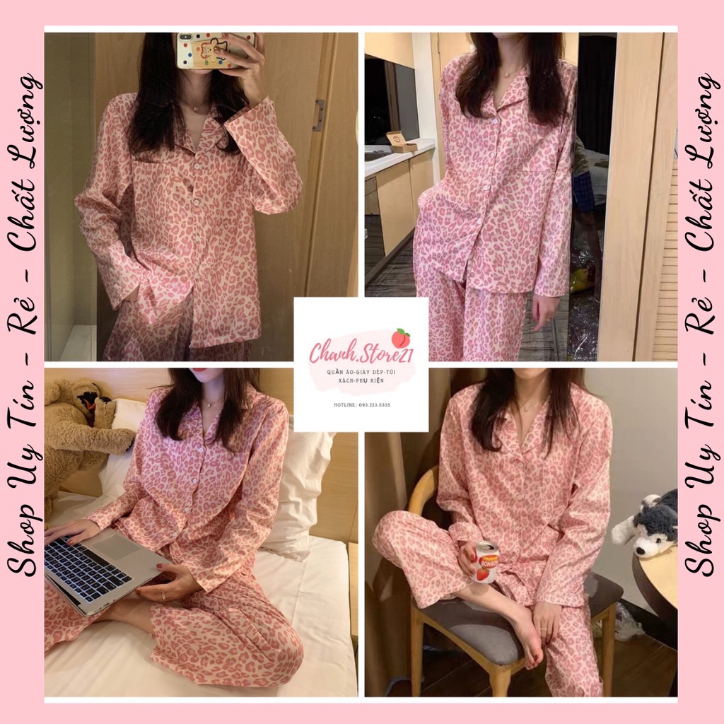 Đồ Ngủ Nữ Bộ Mặc Nhà Pijama Da Báo Hồng Xinh Xắn Dài Tay Chất Liệu Lụa Sữa Mềm Mịn Đủ Size M L XL XXL