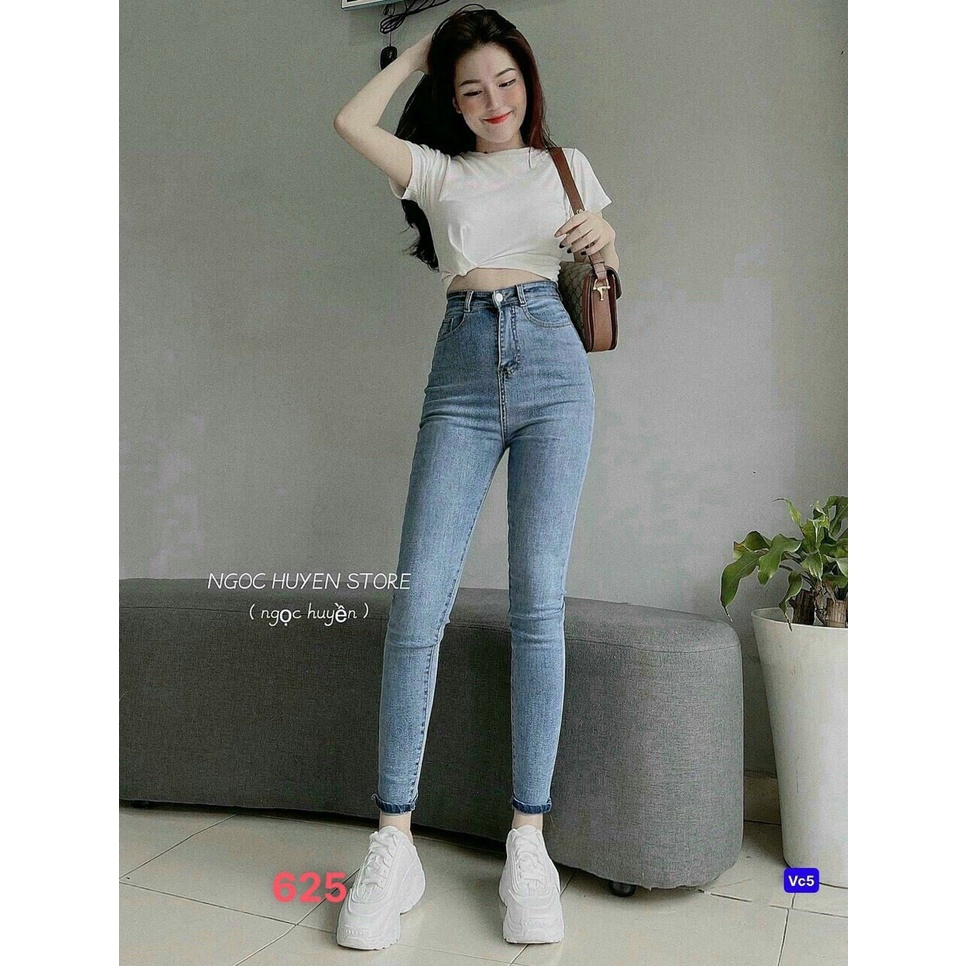 Quần jean nữ lưng cao co giãn có túi, quần bò cạp cao skinny jeans bigsize trơn dài basic
