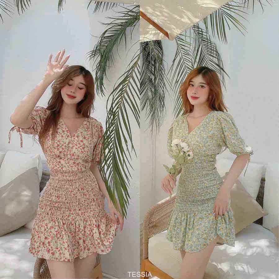 NAPUBEE Váy Hoa Nhí Tay Lỡ Nhún Thân Thiết Kế - Đầm Body Dự Tiệc TESSIA DRESS