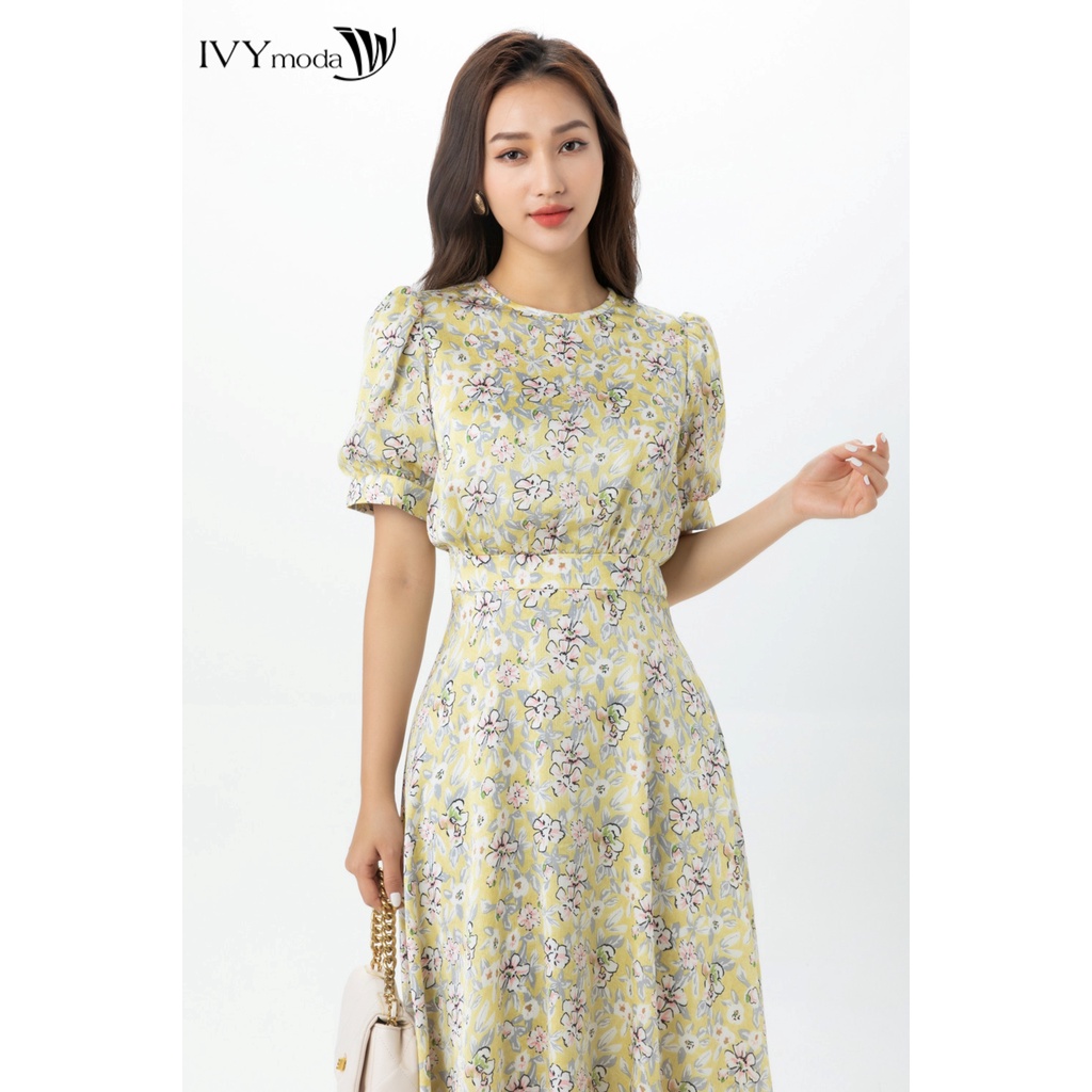 Đầm lụa xòe tay phồng IVY moda MS 48M7378