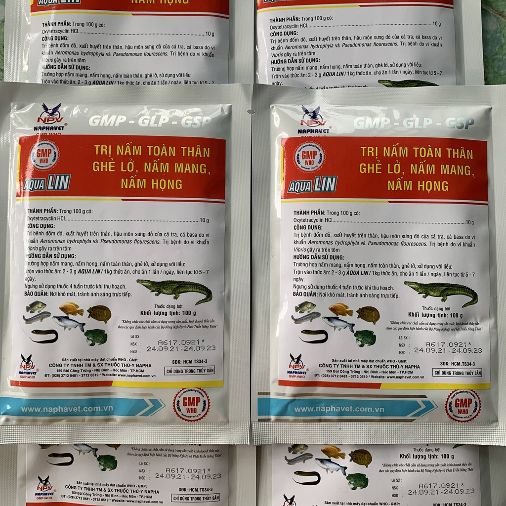 Combo 5 gói Aqualin dùng cho các bệnh nấm toàn thân, ghẻ lỡ, nấm nang nang, nấm họng trên tô, cá, thủy sản.