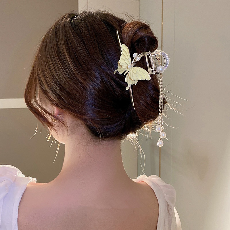 Kẹp Tóc Càng Cua Kim Loại Hàn Quốc Butterfly Trắng Đính Dây Ngọc Siêu Sang Chảnh Kẹp Tóc Đi Chơi Đi Tiệc Mainia Shop