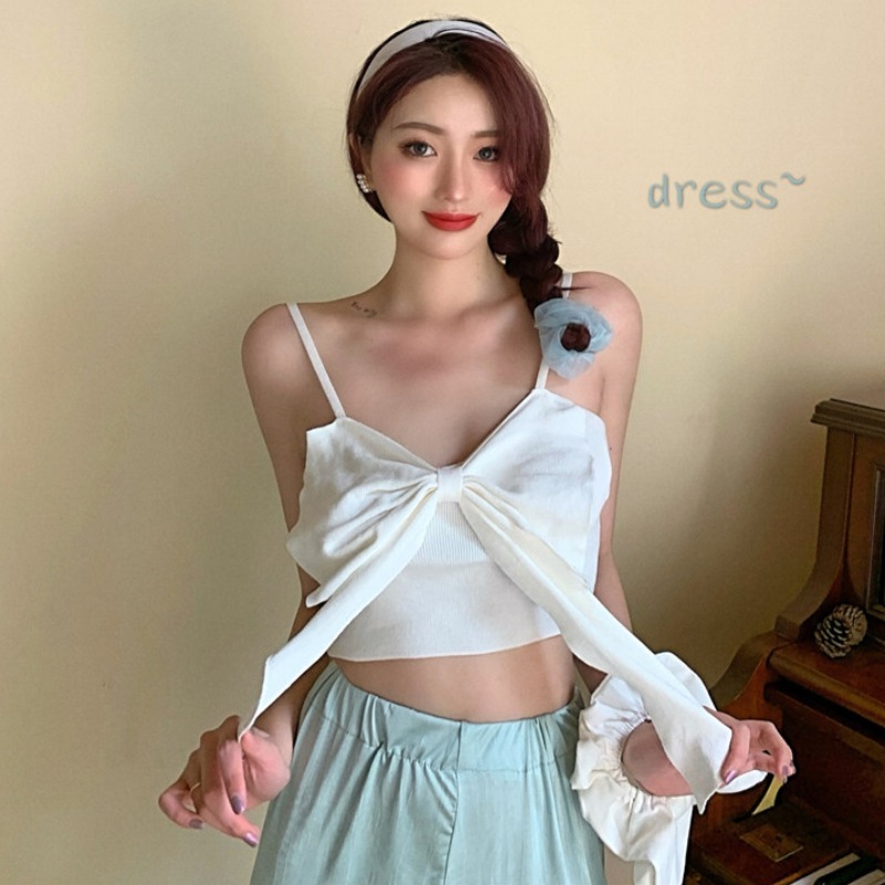 Áo hai dây nữ dáng ôm 2021, áo croptop nữ kểu đẹp màu trắng xanh cổ V phối nơ trước  thời trang hàn quốc du lịch | BigBuy360 - bigbuy360.vn