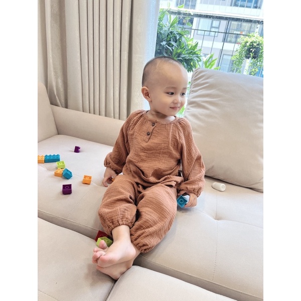 Bộ xô muslin dài tay thu đông thời trang cho bé trai/ bé gái từ 5-15kg