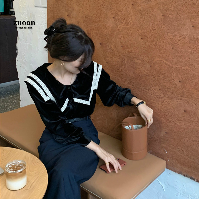 SUXI Korean Round Neck Black Velvet Splicing Long Sleeve Women's Blouse