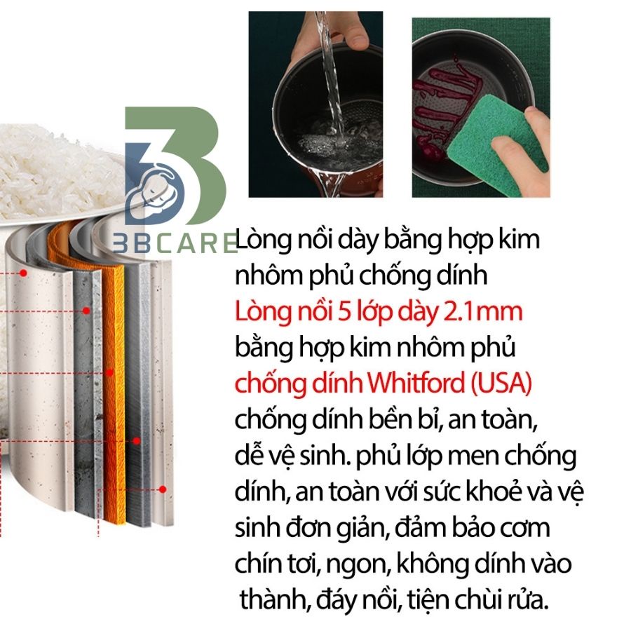 Nồi cơm điện mini ALOTA 2,5 lít N33 8 chế độ nấu: thay nồi nấu cháo, chè, hấp - Shop 3B Care