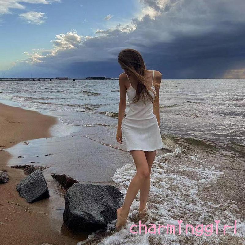 Đầm Ôm Hai Dây Hở Lưng Màu Sắc Trơn Thời Trang Mùa Hè Cho Nữ