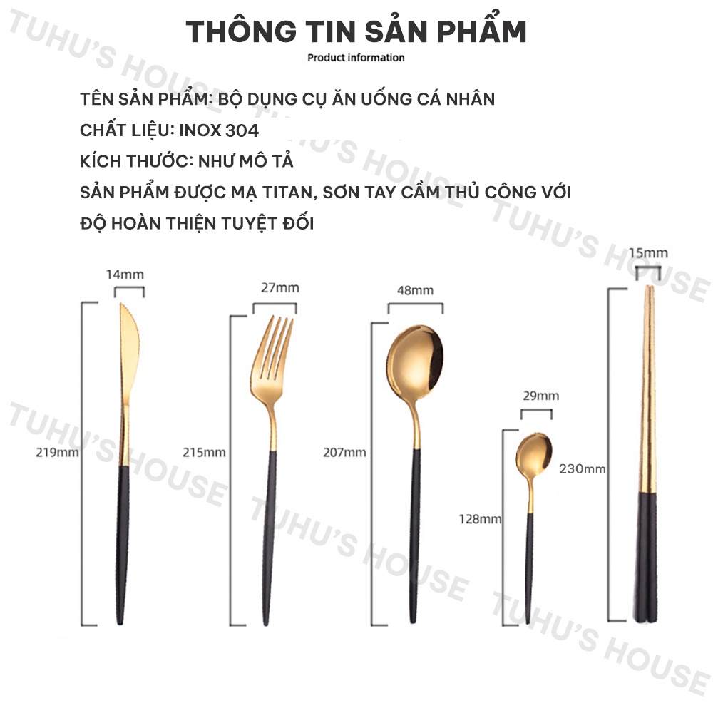 Combo 5 món thìa muỗng nĩa dao đũa inox 304 mạ vàng, bộ đũa thìa muỗng nĩa nhiều màu sang chảnh - TUHUHOUSE