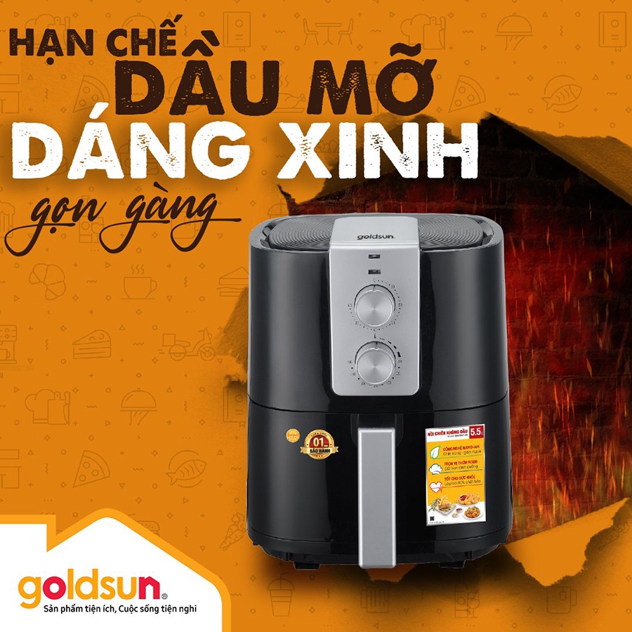 Nồi chiên không dầu cơ Goldsun GAF5841-M - 5.5 lít điều khiển cơ, làm chín thực phẩm từ bên trong