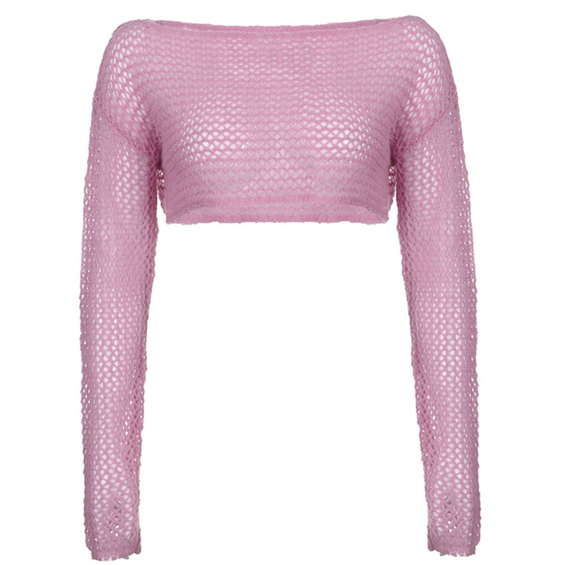 Áo Croptop Dệt Kim Màu Hồng Khoét Lỗ Thời Trang Quyến Rũ Cho Nữ