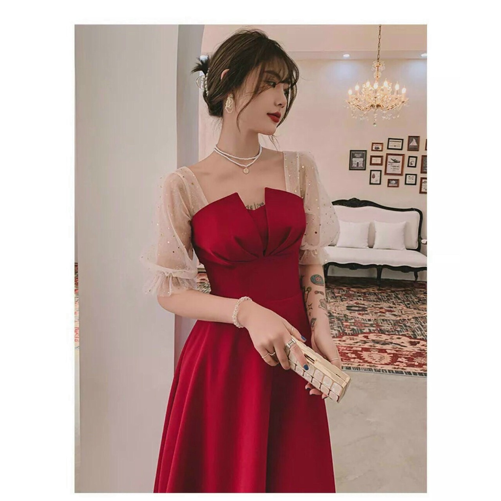 Đầm Xòe Tiểu Thư Tay Lưới Kim Sa Thanh Lịch