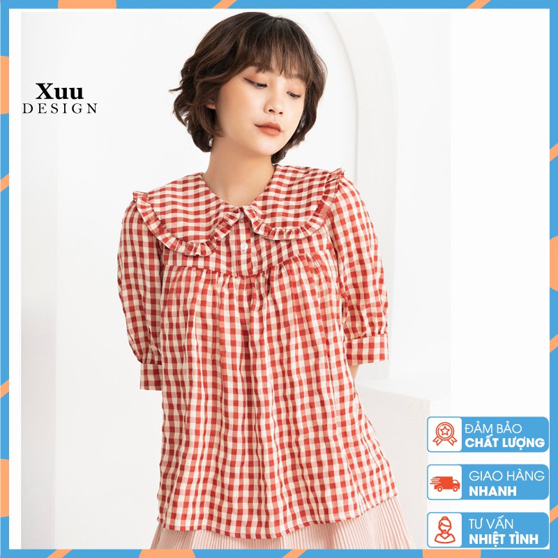 Áo Babydoll Xuu DesignÁo kiểu nữ thiết kế chất vải đẹp dáng suông [Xu05 kẻ đỏ]